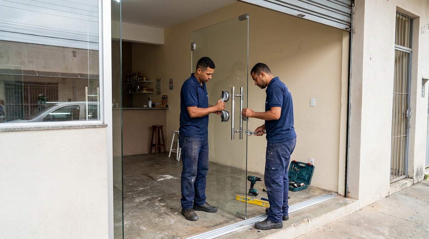Dupla instalando porta de vidro em loja em Taubaté-SP