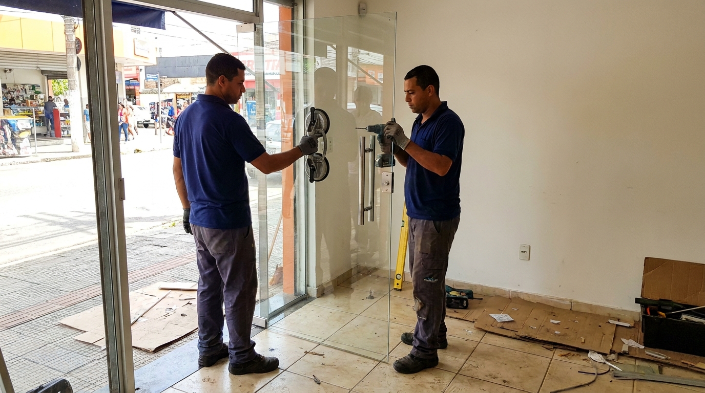 Porta de vidro de loja em rua movimentada em Taubaté-SP
